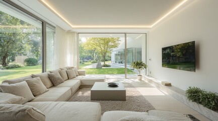 Light-filled modern living room with expansive garden views