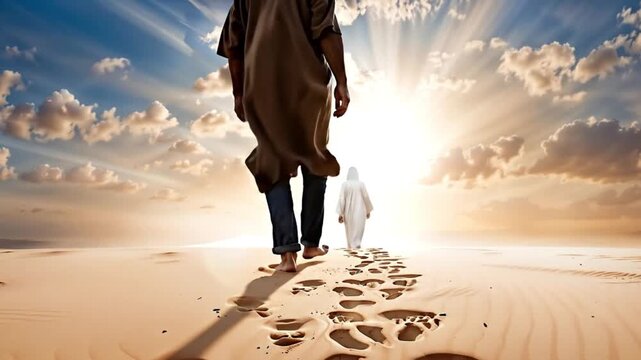 A man walking in the sand following God. Religious theme.