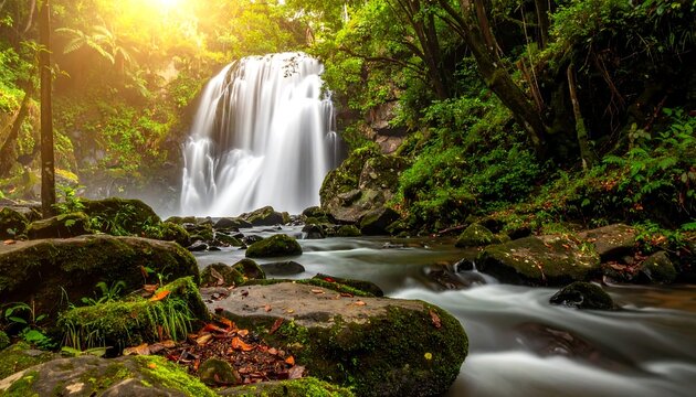 Majestic waterfall cascades down moss-covered rocks, sunlight streams through lush green canopy, creating a serene nature scene. Long exposure effect