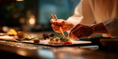 Obraz premium Private chef plating sashimi on slate plate with chopsticks and microgreens in warm restaurant kitchen light