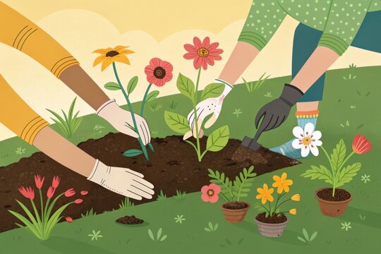 People Planting Flowers Together in a Community Garden