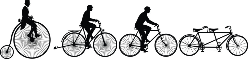 Silhouette illustration showing the historical evolution of the bicycle from the penny-farthing to the modern tandem bike concept, bicycle, evolution, silhouette, history, cycling, series, wheels, pro