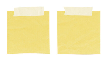 two yellow sticky notes attached with masking tape on transparent background without any shadows or shading minimalist office stationery design concept for note taking reminders organization