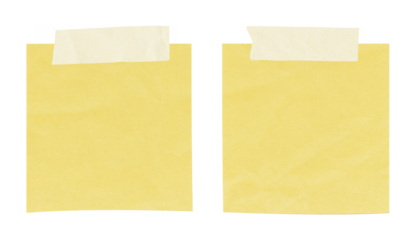 two yellow sticky notes attached with masking tape on transparent background without any shadows or shading minimalist office stationery design concept for note taking reminders organization
