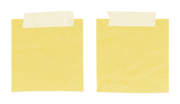 two yellow sticky notes attached with masking tape on transparent background without any shadows or shading minimalist office stationery design concept for note taking reminders organization