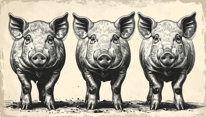 Monochrome illustration presents three detailed depictions of pigs standing forward. They face the viewer directly, showing off facial features