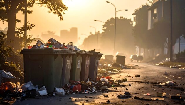 Overfilled trash bins line a street at dawn, overflowing with refuse. The roadway is littered