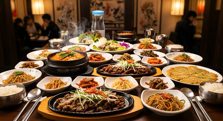 Fototapeta premium Abundant korean banquet table filled with delicious traditional dishes and steaming hot food