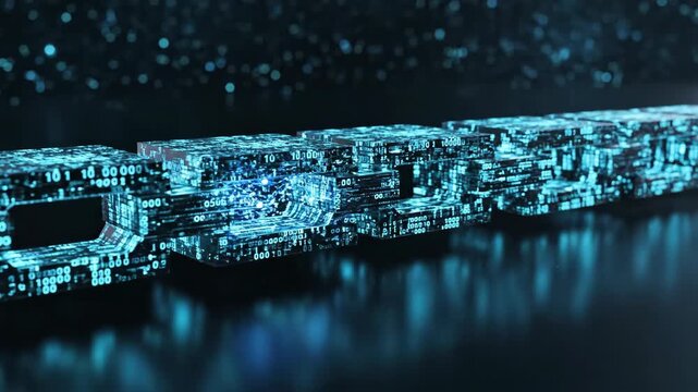 Experience a breathtaking visual journey as illuminated digital blocks travel through striking data streams, illuminating their path with energy and excitement.