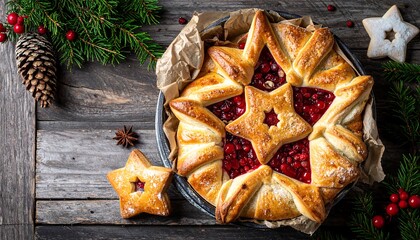 Overhead shot of a festive, star-shaped tart filled with red berries, surrounded by greenery, pine cones, and wooden background