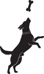 Black silhouette dog jumps for a bone above it, transparent background