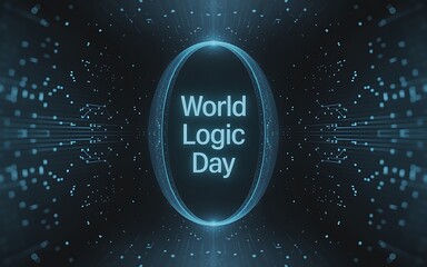 World logic day glowing blue oval with text on circuit board background