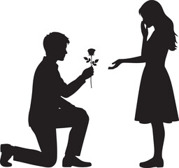 Black silhouette shows man offering a single rose to a surprised woman with transparent background