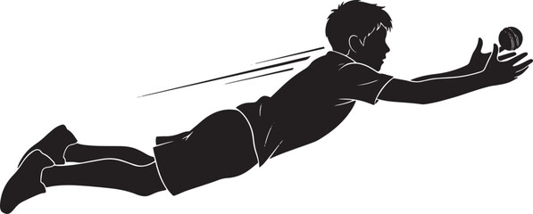 Black silhouette showcases an athlete diving to catch a ball mid air on transparent backdrop