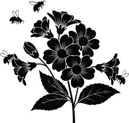 Black silhouette shows bees flying around blossoming flowers with large leaves in full bloom