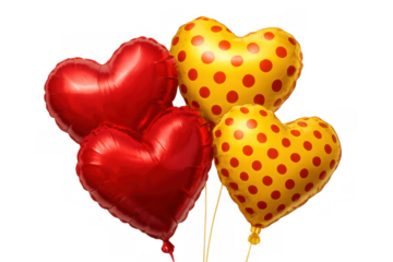 Heart shaped foil balloons in red and yellow with polka dots for celebrating love and romance, transparent background