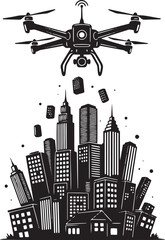 Drone hovers above monochrome cityscape while dropping falling buildings in an illustration