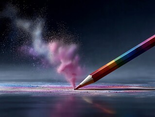Rainbow Colored Pencil Drawing with a Burst of Pink Powder Dust