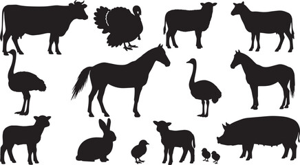 Farm animal silhouettes including cow, turkey, sheep, horse, pig, bunny, chicks, and ostrich are featured