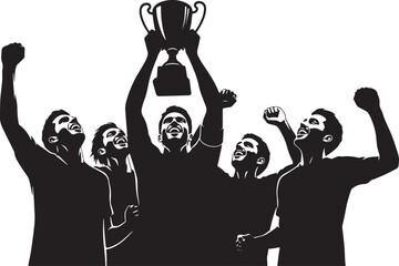 Group of elated people celebrate together, with one person holding up a trophy