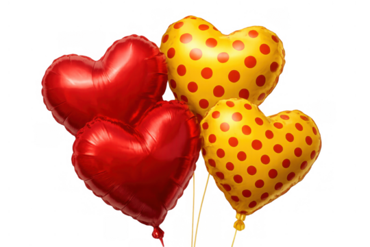 Heart shaped foil balloons in red and yellow with polka dots for celebrating love and romance, transparent background