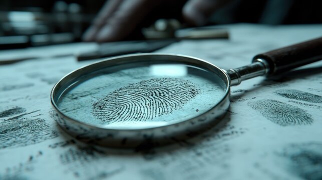 Magnifying glass over a fingerprint on paper