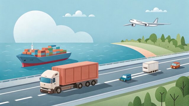 Shipping scene showing cargo ship and vehicles on the road - Powered by Adobe