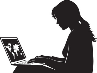Silhouette of a focused young woman typing on laptop displaying world map information
