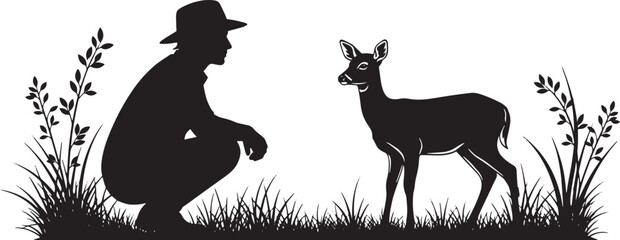 Silhouette of a man in a hat and deer amidst grassy vegetation creates a peaceful scene