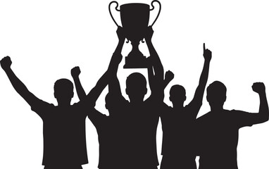 Silhouette of excited team celebrate their victory, holding the trophy high above in triumph
