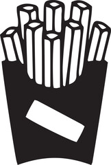 Simple black drawing showcases fries inside a container with transparent background