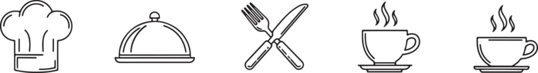 Simple linear drawing shows chef hat, food platter, silverware, and coffee cups on white