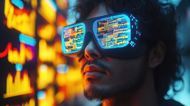 Man in futuristic glasses, digital displays