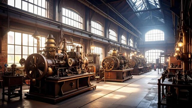 Grand vintage factory interior with steam powered engines, overhead lighting, and large arched windows, industrial setting.