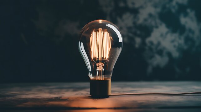 Vintage edison light bulb glowing warmly on a wooden surface