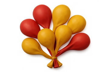 Deflated red and yellow balloons tied together in a bunch, representing emptiness and the end of a celebration