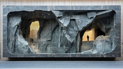 Massive carved stone facade, cave-like
