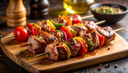 Mouthwatering skewers featuring grilled meat, vibrant peppers, onions, and tomatoes, presented on a wooden board with herbs