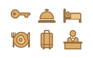 Minimalist hotel icons: room, key, service bell, luggage, dining, reception