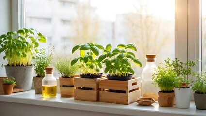 Fresh basil plants growing on a sunny windowsill with olive oil bottles
