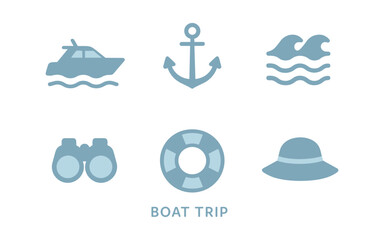 Fototapeta premium Nautical adventure icons: boat, anchor, waves, and more