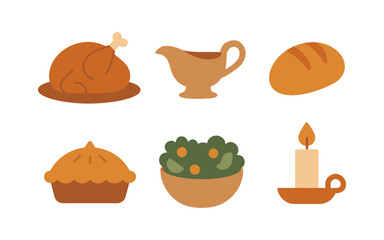 Thanksgiving feast icons: turkey, gravy, bread, pie, salad, and candle in flat style