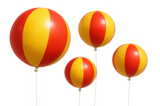Red and yellow striped balloons floating in air, celebrating party, birthday, carnival, festival, or opening event, transparent background