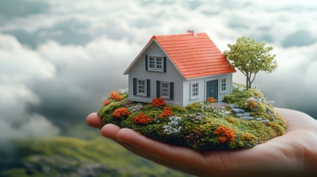 Miniature house on a hand, cloud backdrop