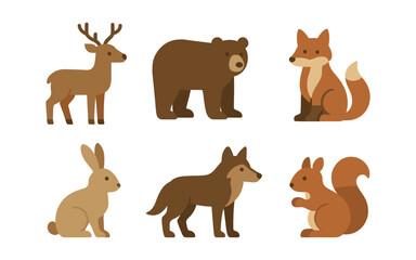 Fototapeta premium Set of simple woodland animal icons featuring fox, bear, deer, rabbit, wolf, squirrel