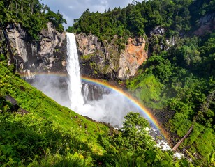 Majestic waterfall cascades over rocky cliffs into a pool below, a vibrant rainbow arcs across the spray, framed by lush green vegetation