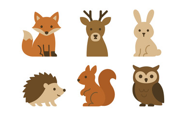 Cute forest animals set in flat style: fox, deer, rabbit, hedgehog, squirrel, owl