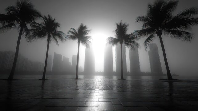 Misty city, palm trees, grayscale