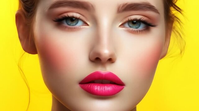 Close-up of a woman's face with bright pink lipstick and blush
