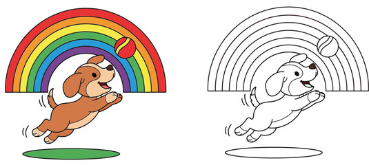Happy Cartoon Puppy Leaping for a Ball Under a Vibrant Rainbow - Coloring Page
